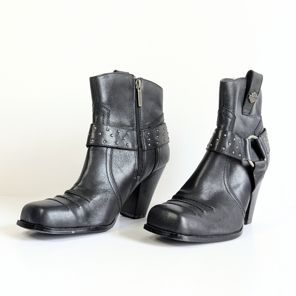 Rare Harley Davidson Black Leather Square Toe Riding Heeled Ankle Boots sz 8½ - Picture 4 of 10